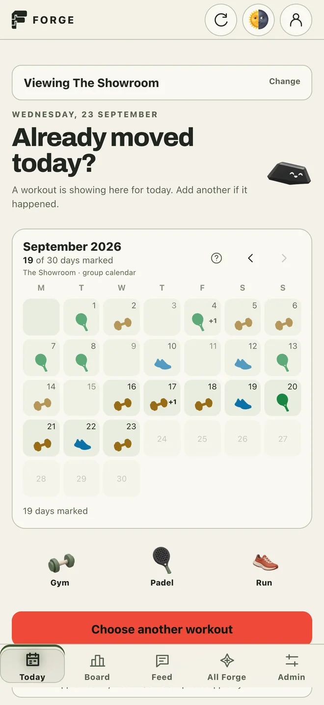 Forge's Showroom calendar, with different workouts marked throughout the month