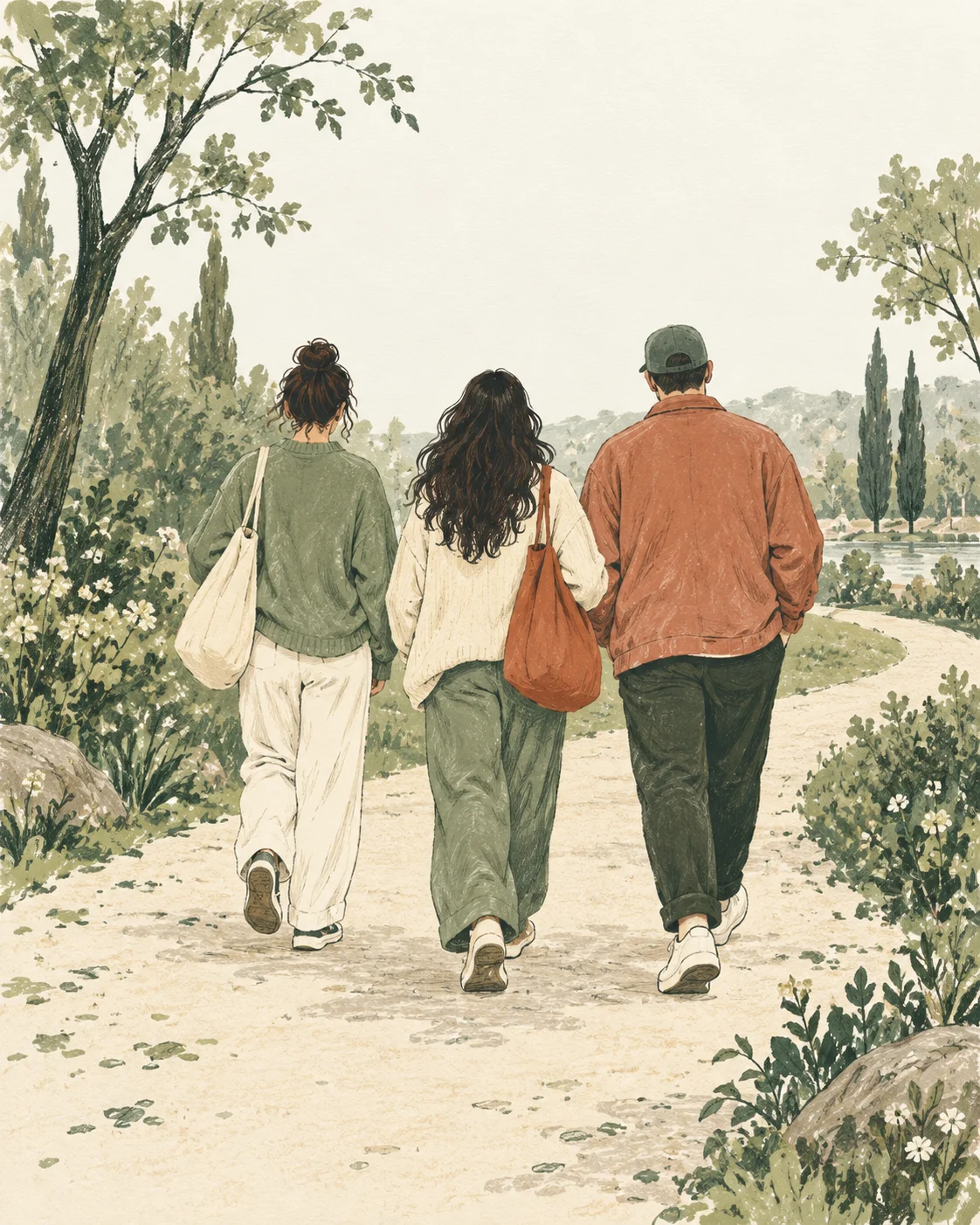 Hand-drawn friends walking away along a park path, with no faces shown